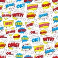 Colorful comic speech bubbles seamless pattern with phrases: OMG!, POW!, BANG!, OOPS!, WOW!, SURPRISE!, BOOM! Royalty Free Stock Photo